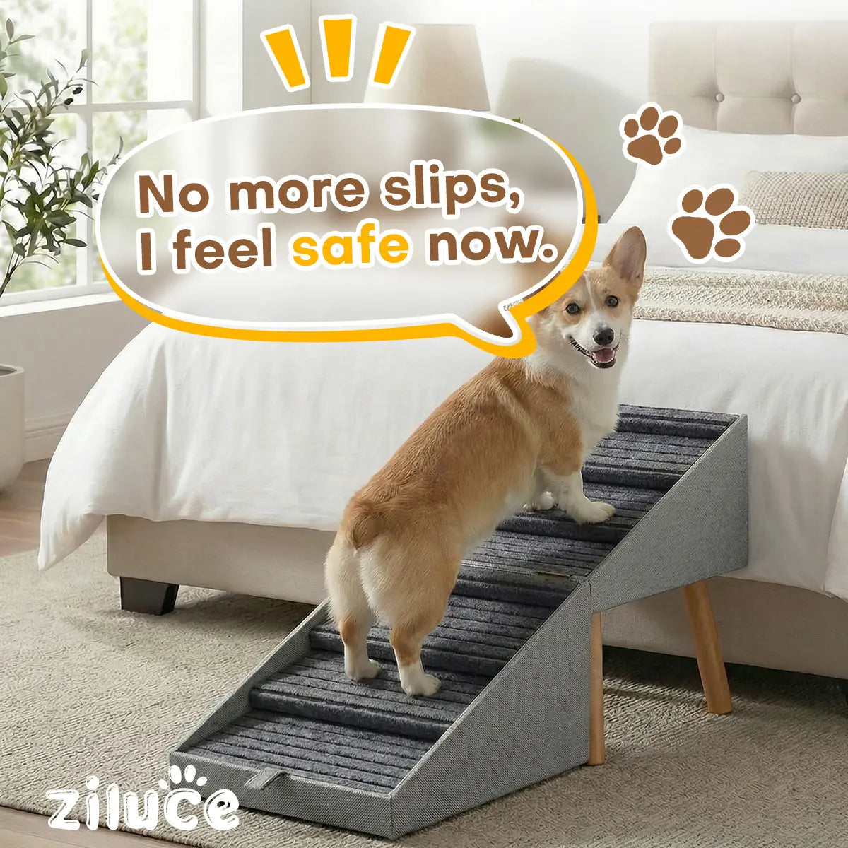 21'' Dog Ramp for Bed | Pet Steps Foldable Wooden Dog Stairs for Dachshunds, Corgis & Long-Back Breeds | Non-Slip Pet Ramp with Ottoman Design