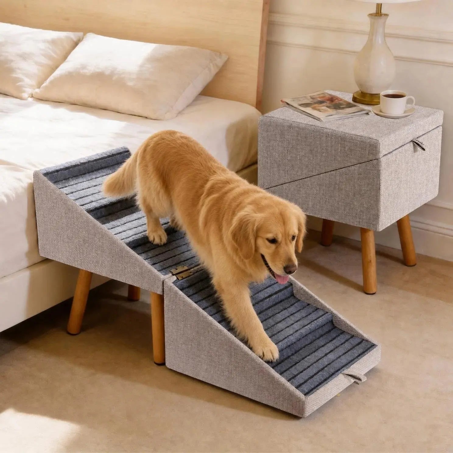 21'' Dog Ramp for Bed | Pet Steps Foldable Wooden Dog Stairs for Dachshunds, Corgis & Long-Back Breeds | Non-Slip Pet Ramp with Ottoman Design