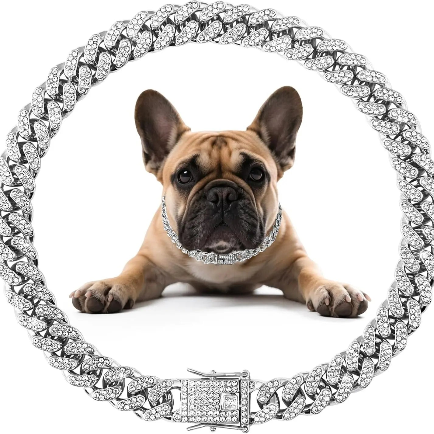 European and American Hip-Hop Pet Dog Collar, Diamond Collar, Metal Chain Necklace with Safety Clasp, Cuban-Style Pet Collar Accessory, Suitable for Small, Medium, and Large Dogs and Cats Dog Mom Must-Have! Luxury Iced Out Pet Necklace