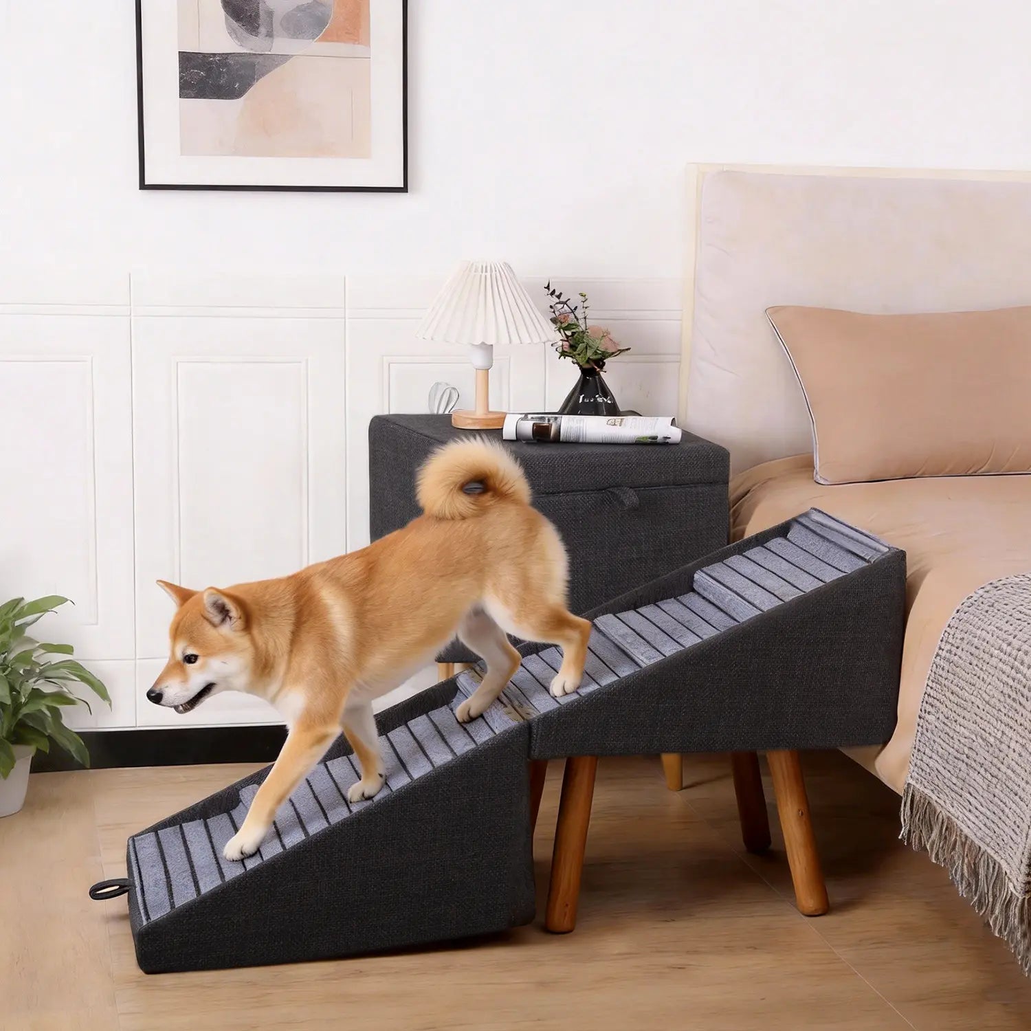 21'' Dog Ramp for Bed | Pet Steps Foldable Wooden Dog Stairs for Dachshunds, Corgis & Long-Back Breeds | Non-Slip Pet Ramp with Ottoman Design